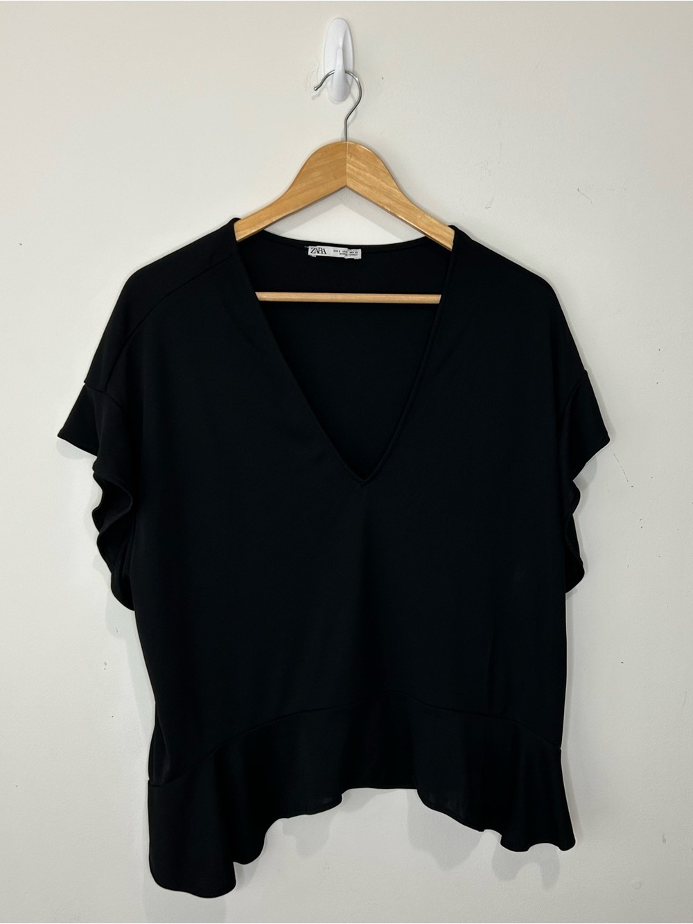 Zara Black Blouse Small Ruffle V Neck Top